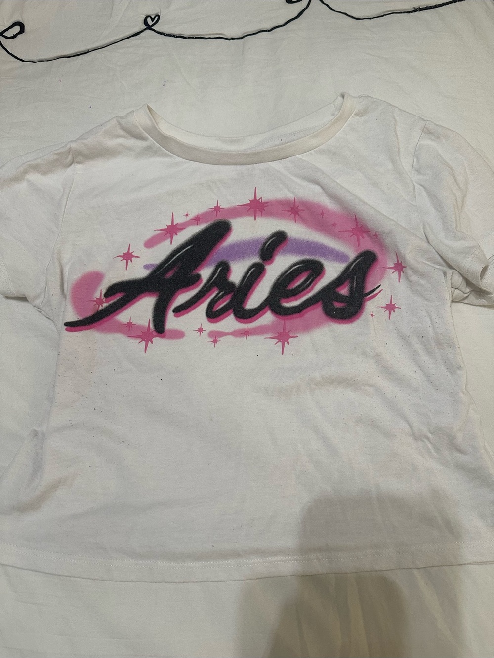 Fashion Nova White Crop Tee with Pink & Black Aries Graphic